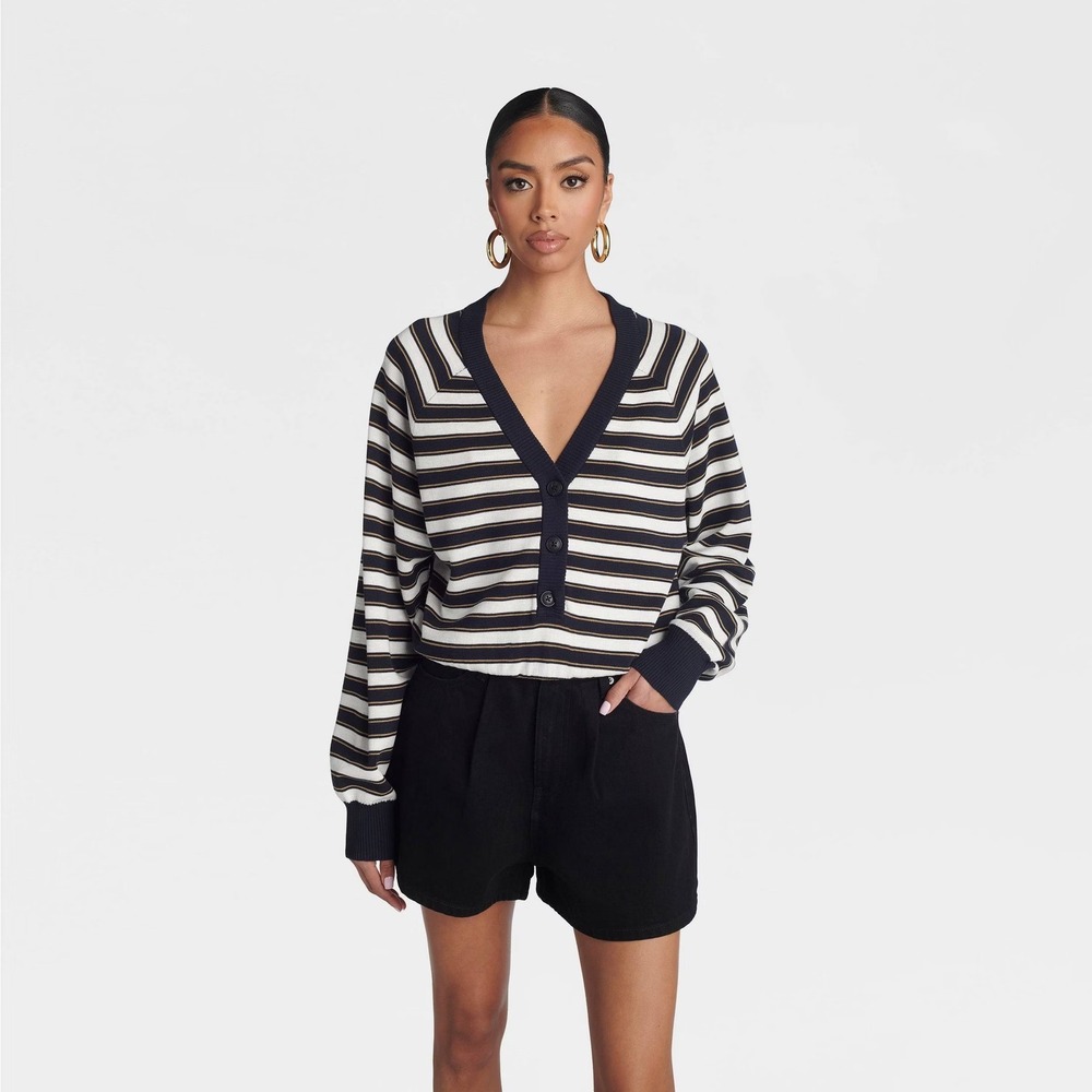 KBB KAHLANA Target L Large The Cropped Bubble Sweater Cardigan Blue White Stripe